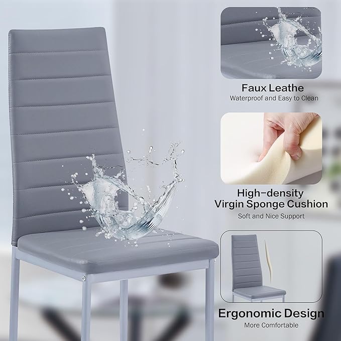 PU Dining Chairs Set of 4, Modern Kitchen & Dining Room Chairs Faux Leather Upholstered Dinner Chairs with Metal Legs for Small Space (Could Gray, Horizontal line)