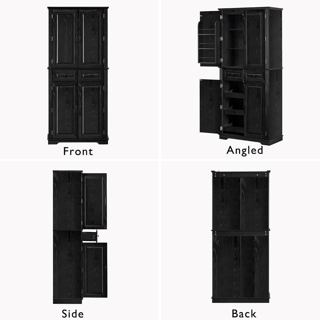 SOFTSEA Kitchen Pantry Cabinet with 6 Door Shelves and 2 Drawers, Farmhouse Embossed Texture Cupboard Cabinet with 3 Pull Out Organizers, Kitchen Hutch for Dining Room Living Room, Black