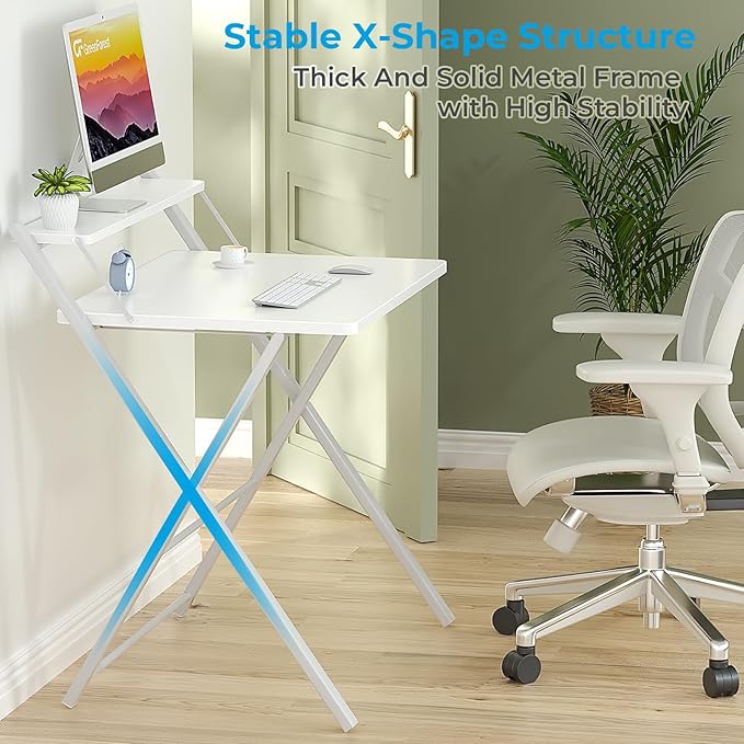 GreenForest No Assembly Folding Desk, 2-Tier Compact Computer Desk with Shelf, Space Saving Foldable Table for Home Office, Dorm or Apartment, Portable Collapsible Sturdy Laptop Desk, White