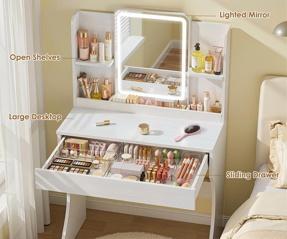 White Small Vanity Desk with Mirror and 3 Adjustable Light Modes | Dimmable L...