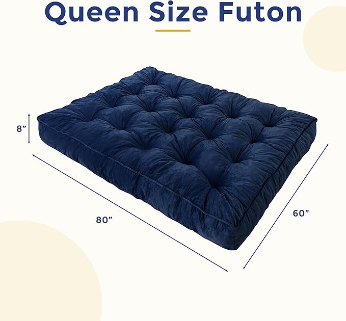 MAXYOYO 8" Futon Mattress, Queen Size Extra Thick Futons Sofa Couch Bed for Adults, Velvet Floor Mattress Shredded Foam Filling (Frame Not Included)