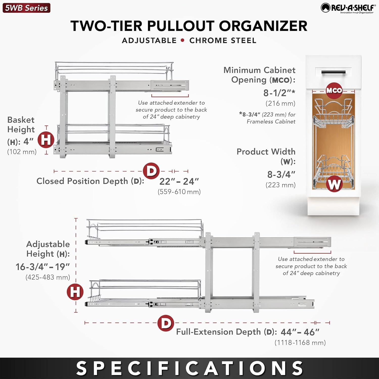 Rev-A-Shelf 2-Tier Kitchen Cabinet Pullout Shelf and Drawer Organizer Slide Out Pantry Storage Basket in Multiple Sizes, 9 x 22 In, 5WB2-0922CR-1