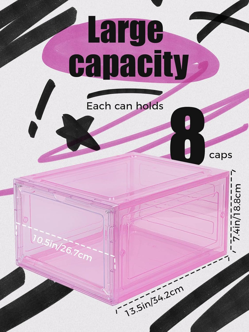 6 Pack Hat Organizer Box, Stackable Clear Baseball Caps Holder Box Containers with Magnetic Door for Hats Snapback Cap Storag, Hat Rack Display Case, Holds 8 Hats Each (Pink)
