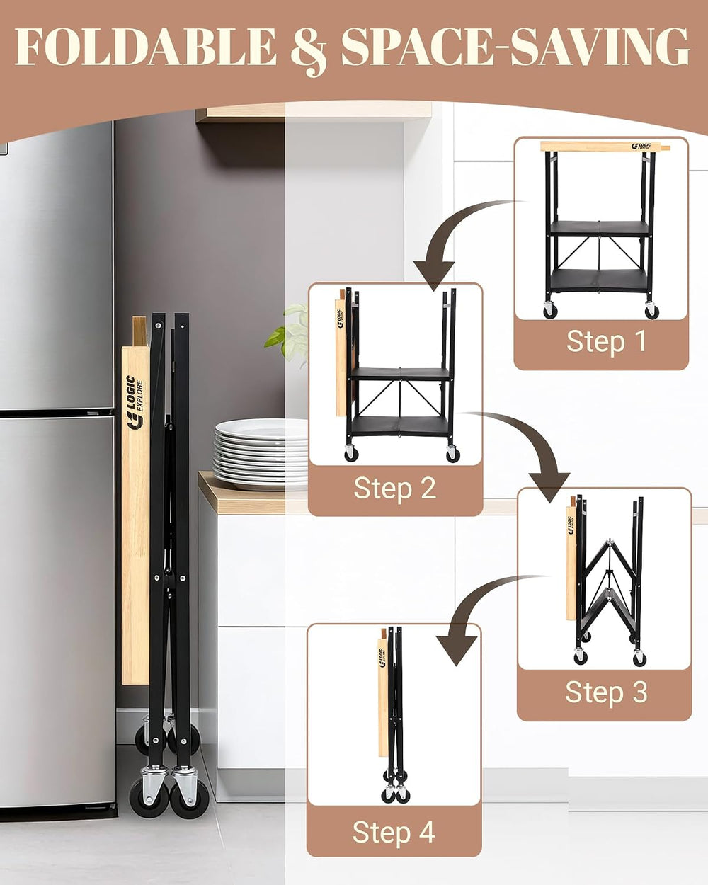 Foldable Kitchen Storage Cart, Solid Oak Top, Locking Wheels | Foldable 3-tie...
