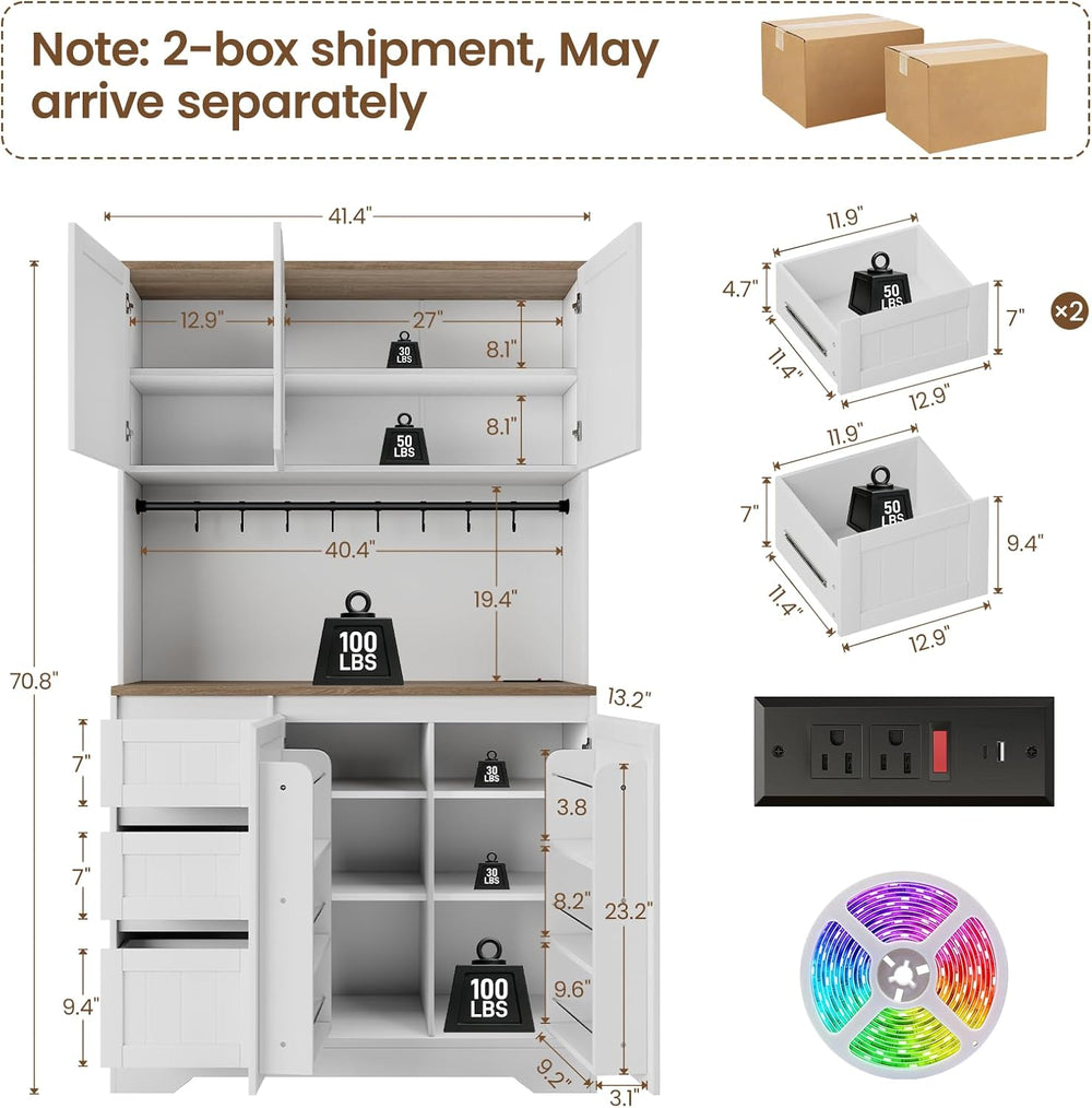 70.8" Tall Pantry Cabinet with LED & Charging Station, Freestanding ...