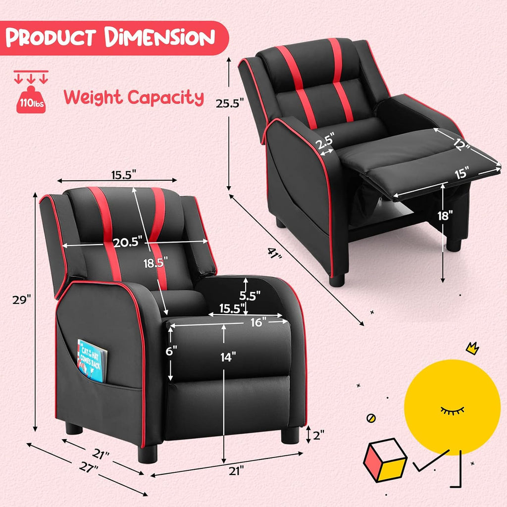 Costzon Kids Recliner, Gaming Recliner Chair w/Side Pockets, Footrest, Headrest & Lumbar Support for Kids Room & Play Room, Adjustable Racing Style Leather Sofa for Children Boys Girls (Red, Black)