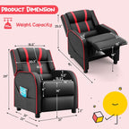 Costzon Kids Recliner, Gaming Recliner Chair w/Side Pockets, Footrest, Headrest & Lumbar Support for Kids Room & Play Room, Adjustable Racing Style Leather Sofa for Children Boys Girls (Red, Black)