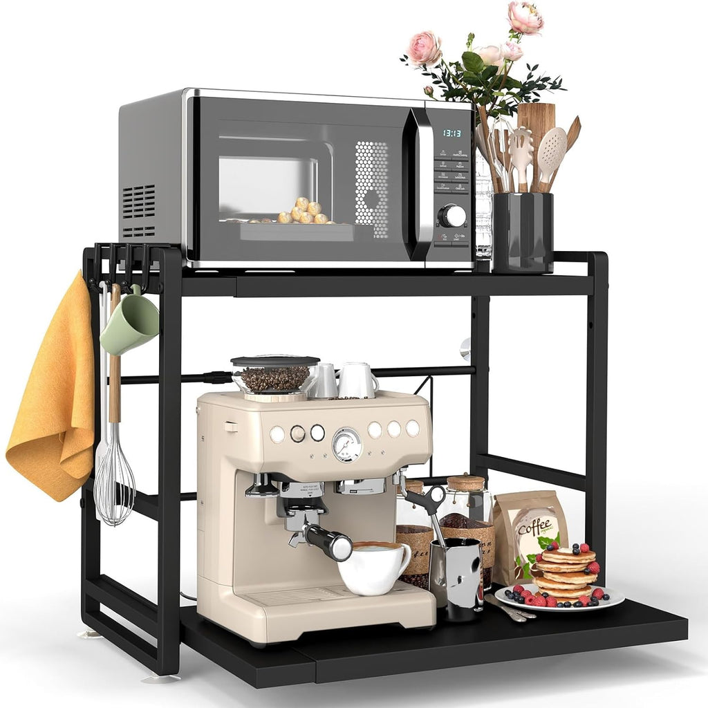 2-Tier Microwave Rack - Height Adjustable & Extendable Kitchen Shelf with Drawer - Carbon Steel - Includes Hooks & Reinforcement Suction Cups - Easy Assembly (Black)