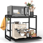 2-Tier Microwave Rack - Height Adjustable & Extendable Kitchen Shelf with Drawer - Carbon Steel - Includes Hooks & Reinforcement Suction Cups - Easy Assembly (Black)