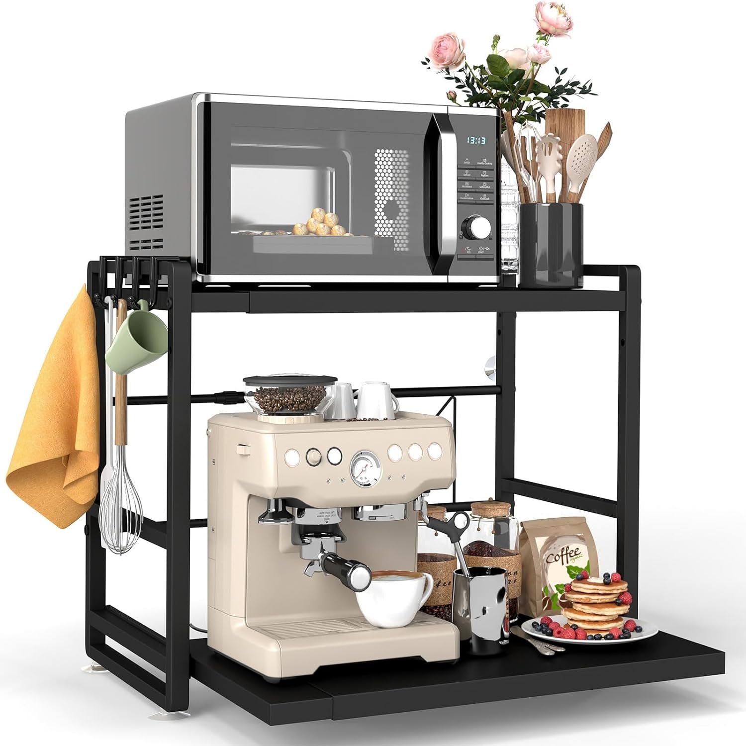 2-Tier Microwave Rack - Height Adjustable & Extendable Kitchen Shelf with Drawer - Carbon Steel - Includes Hooks & Reinforcement Suction Cups - Easy Assembly (Black)