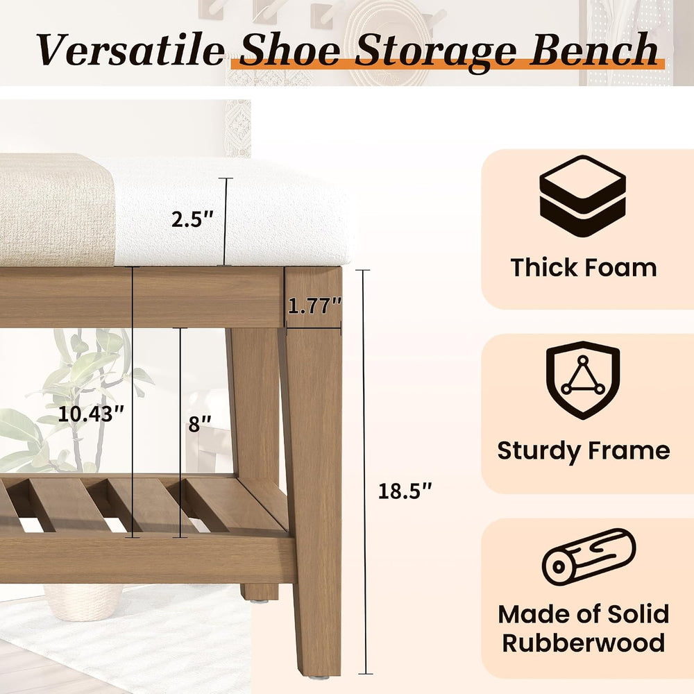 Apicizon 45" Shoe Rack Bench with Cushion, Solid Rubberwood Entryway Ben...