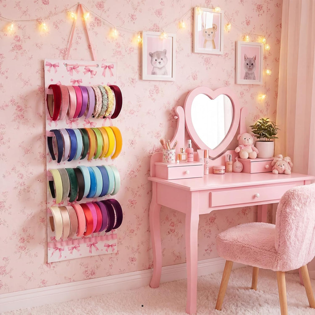 Tudomro Hanging Headband Holder for Girls Felt Hair Accessories Organizer with 60 Elastic Bands Bow Hanger for Girls Hair Bows Without Headbands (Pink,Bow)