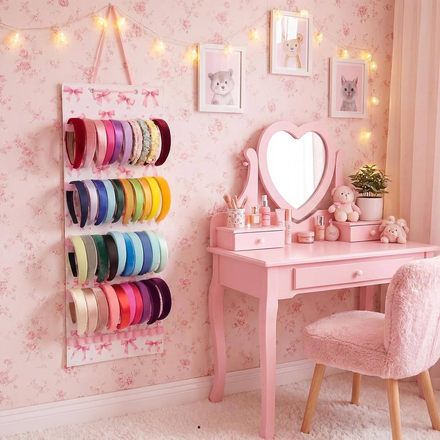Tudomro Hanging Headband Holder for Girls Felt Hair Accessories Organizer with 60 Elastic Bands Bow Hanger for Girls Hair Bows Without Headbands (Pink,Bow)