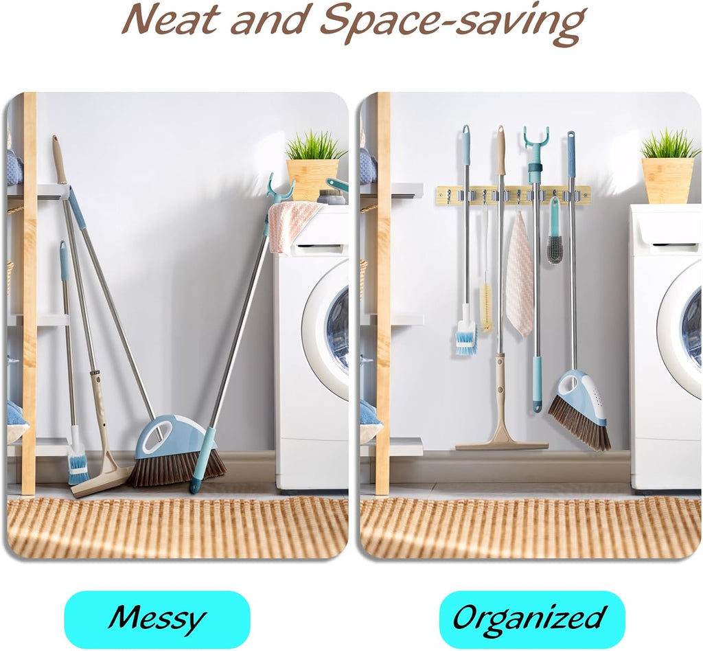 Mop and Broom Holder Wall Mount - Light Wood Broom Mop Hanger - Wall Mounted Garden Tool Rack Organizer for Closet Garage Laundry Room Kitchen With 4 Slots & 4 Hooks