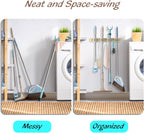 Mop and Broom Holder Wall Mount - Light Wood Broom Mop Hanger - Wall Mounted Garden Tool Rack Organizer for Closet Garage Laundry Room Kitchen With 4 Slots & 4 Hooks