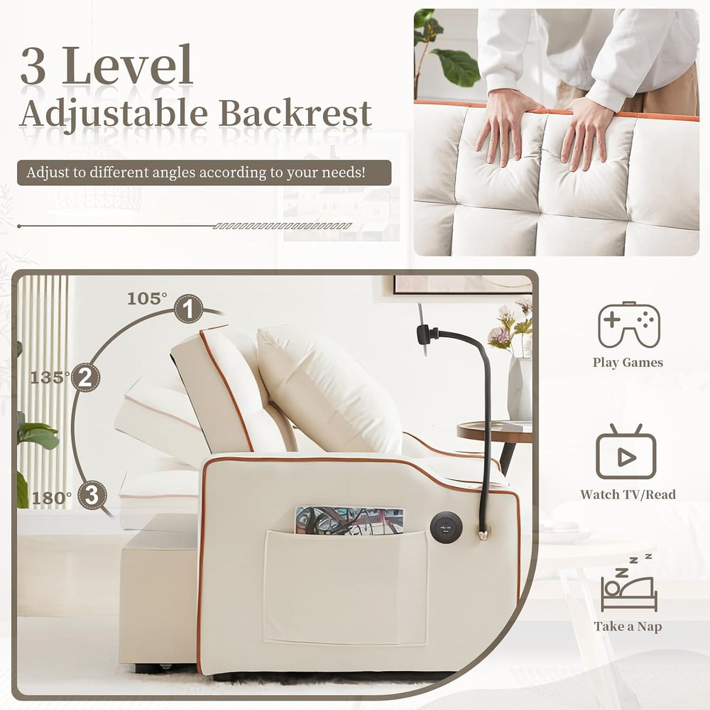 Convertible Single Sleeper Velvet Futon Sleeper Sofa Bed with Phone Holder &a...