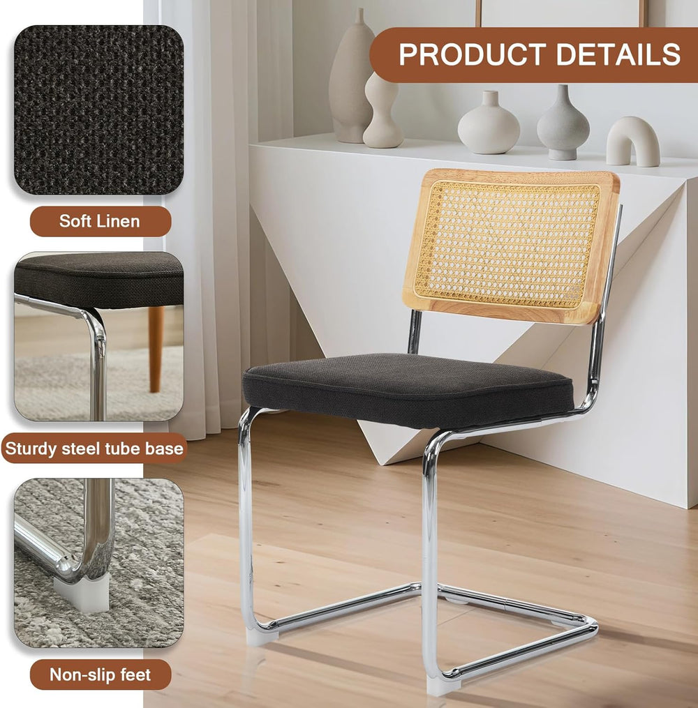 Rattan Back Linen Dining Chair Set of 4 Modern Stainless Chrome Base Armless ...