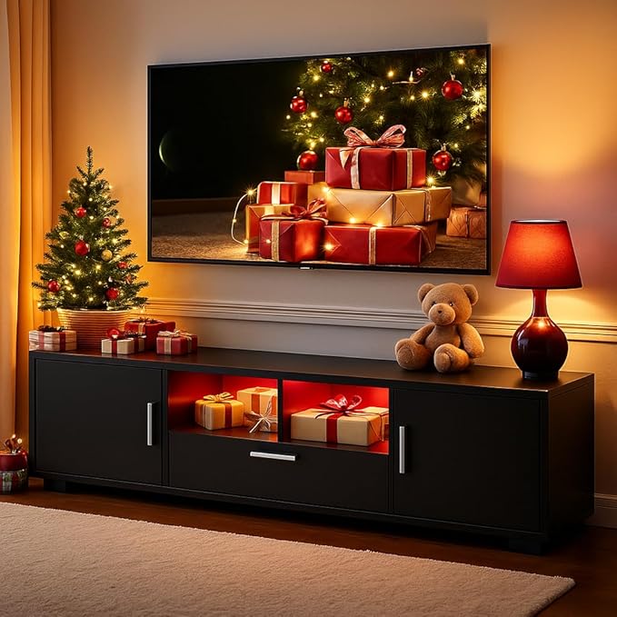 63 Inch Black TV Stand with 16-Color LED Lights, Classic Modern Entertainment Center with Horizontal Drawer & Side Cabinets for TVs up to 75 Inches, Wood Media Console