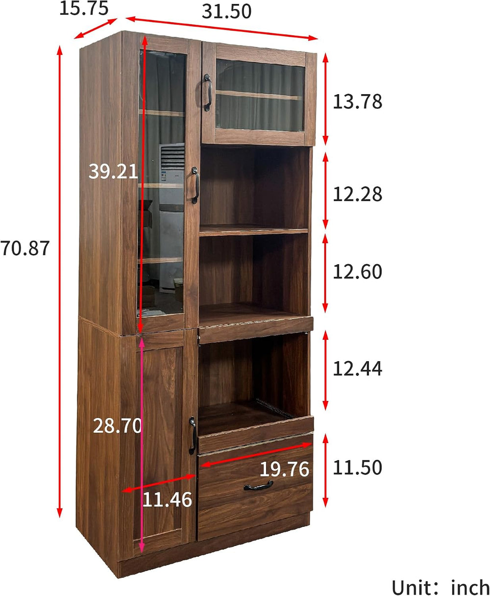 KEIKI 70.87" H Tall Kitchen Pantry Storage Cabinet with Countertop, Glas...