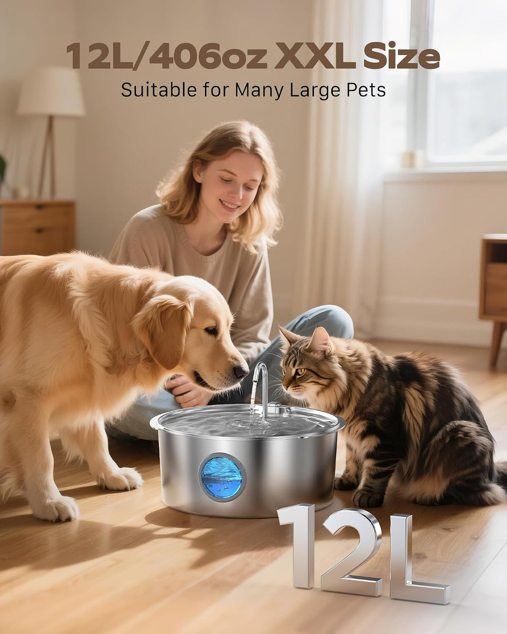 Dog Water Fountain for Large Dogs: Stainless Steel Dog Fountain Water Bowl