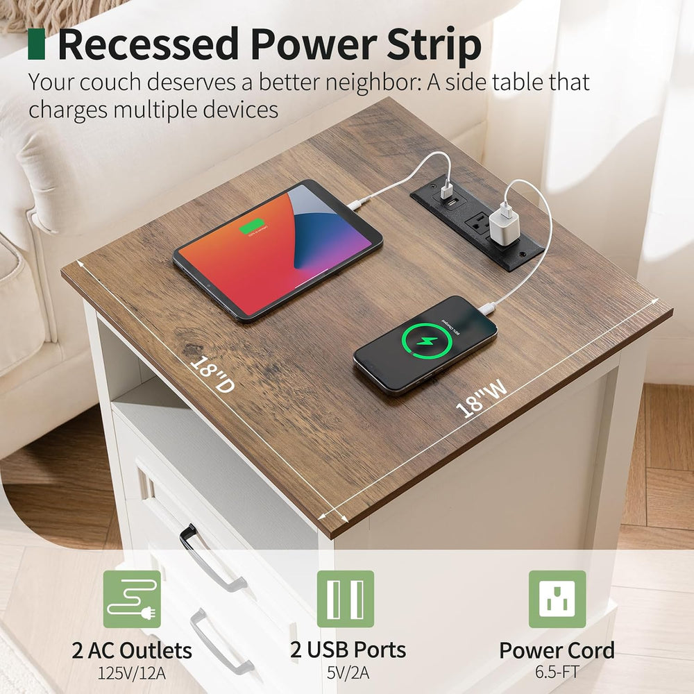Farmhouse Nightstand with Charging Station, Wood Night Stand with Drawers, Be...