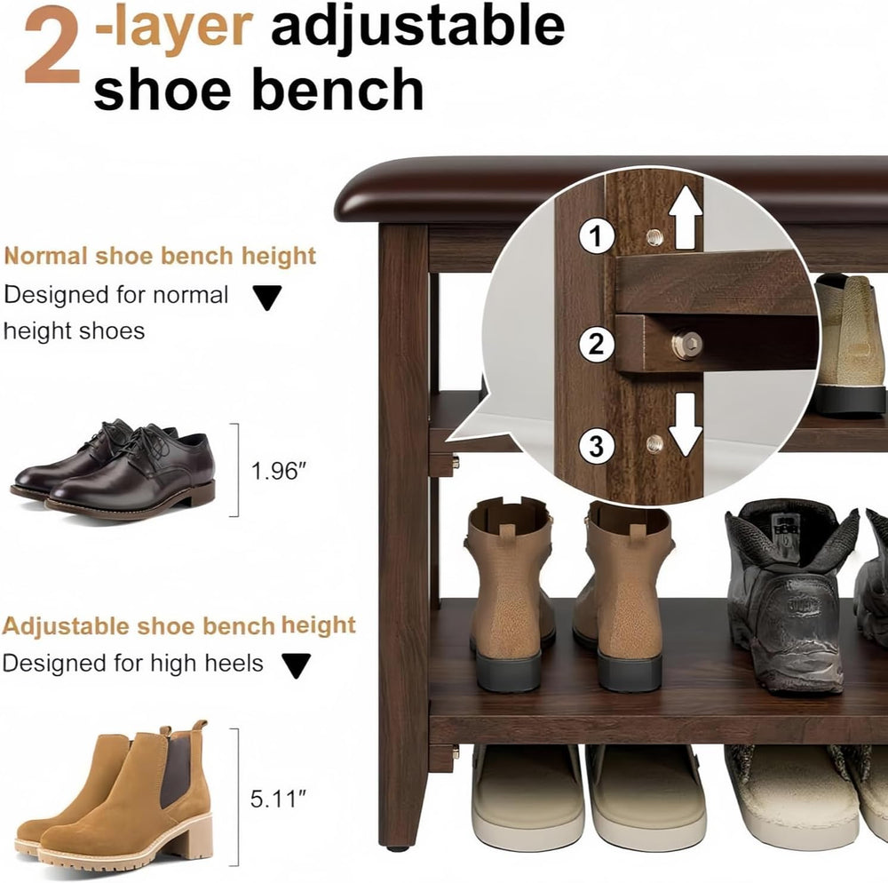 Shoe Bench Storage with Leather Cushion, Rustic Solid Wood Entryway Bench wit...