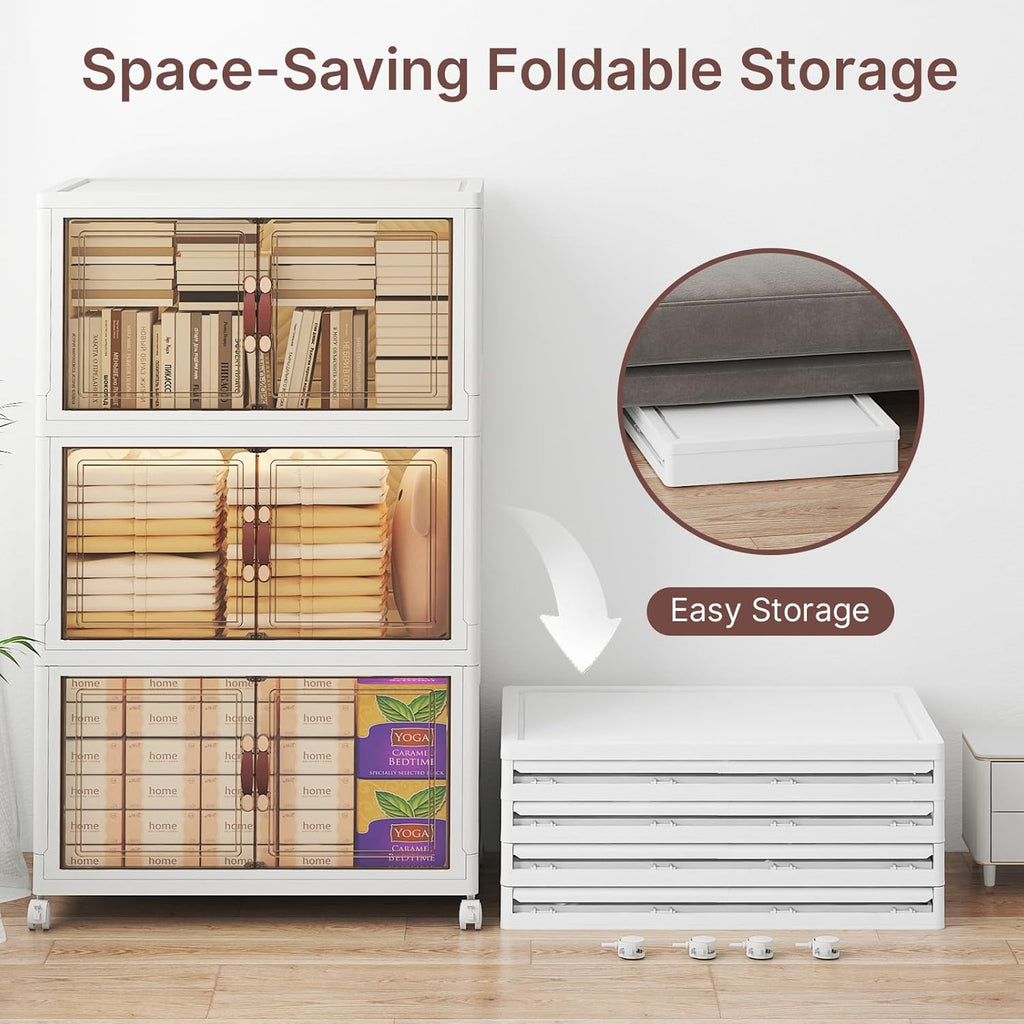 720Qt Stackable Storage Bins with Lids, 6 Pack Large Collapsible Bins with Wheels, Plastic Cabinet with Doors, Foldable Closet Organizers and Storage for Home, Dorm, Office, White
