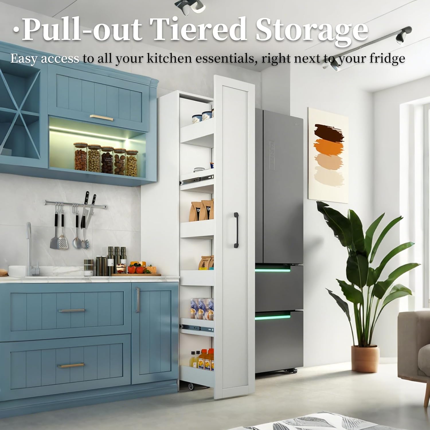 JOYSOURCE Tall Narrow Pull-Out Storage Shelf with Wheels 6-Tier Slim Rolling Storage Next to Fridge Spice Rack Shelves for Small Spaces, Kitchen, Laundry Room, Bathroom White