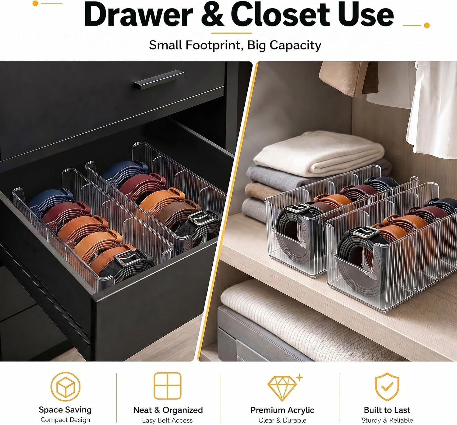Acrylic Belt Organizer, 2 Pack Clear Belt Storage Box with 4 Adjustable Compartments, Stackable Durable Acrylic Belt Holder, Anti-Scratch Belt Display Case for Closet and Drawer Organization