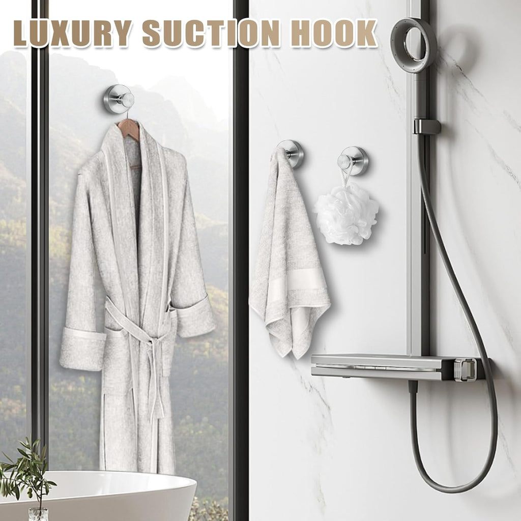 Suction Cup Hooks for Shower No-Drill Bathroom Hooks for Towels, Robes, Loofah Mountable on Bathroom Walls, Kitchen, Glass, Mirrors, Tile and Smooth,Non-Porous Surfaces (4, Brushed Nickel)