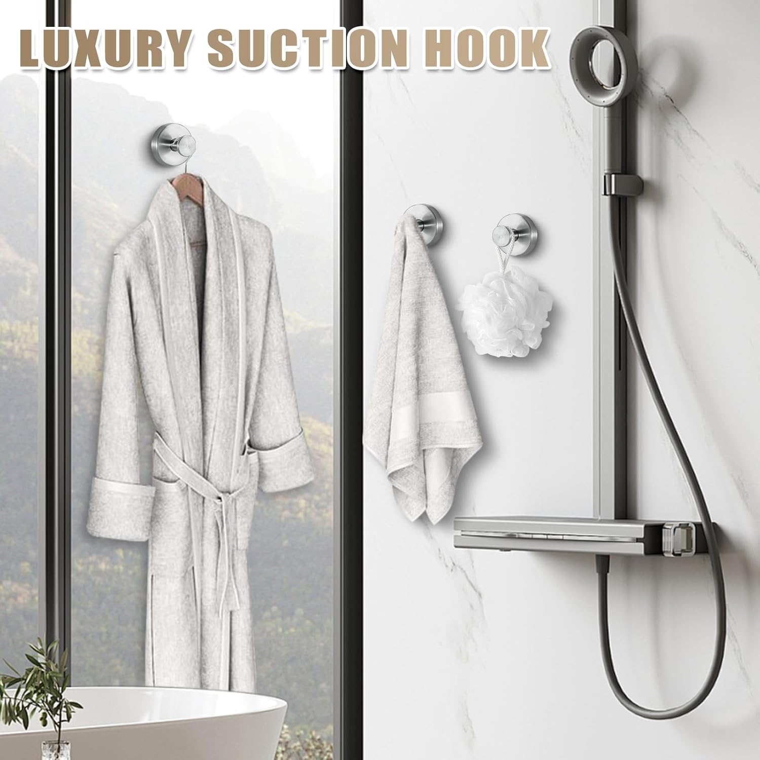 Suction Cup Hooks for Shower No-Drill Bathroom Hooks for Towels, Robes, Loofah Mountable on Bathroom Walls, Kitchen, Glass, Mirrors, Tile and Smooth,Non-Porous Surfaces (4, Brushed Nickel)