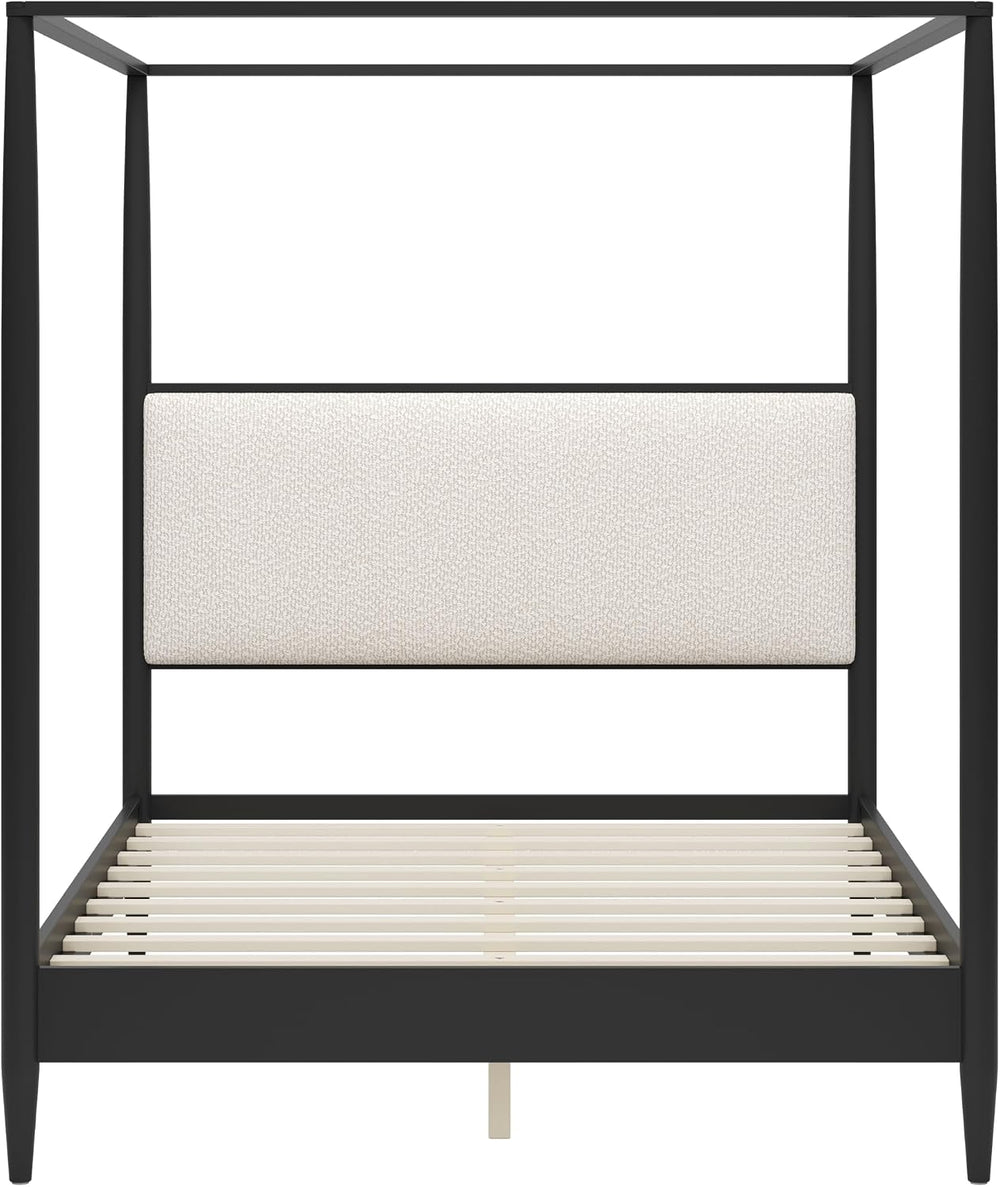 Merax Black Queen Size Canopy Bed Frame with Boucle Headboard and 4 Poster