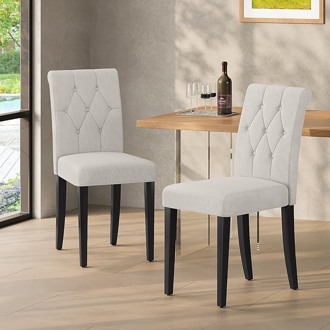 Upholstered Dining Chairs Set of 4, Button Tufted Parsons Dining Chair with Solid Wood Legs, Modern Fabric Side Chair for Hotel/Dining Room/Kitchen/Restaurant- White