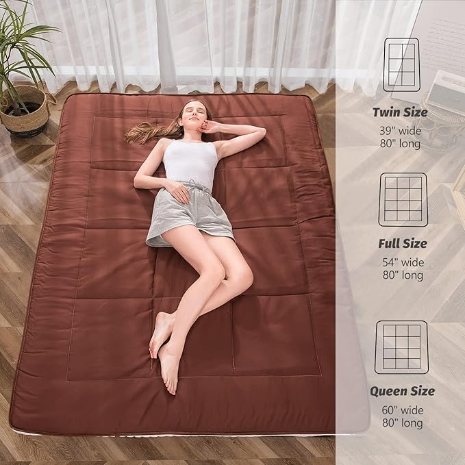 MAXYOYO Futon Mattress, Japanese Floor Mattress Full Size, Quilted Bed Mattress Topper, Extra Thick Folding Sleeping Pad Breathable Floor Lounger Guest Bed for Camping Couch, Coffee