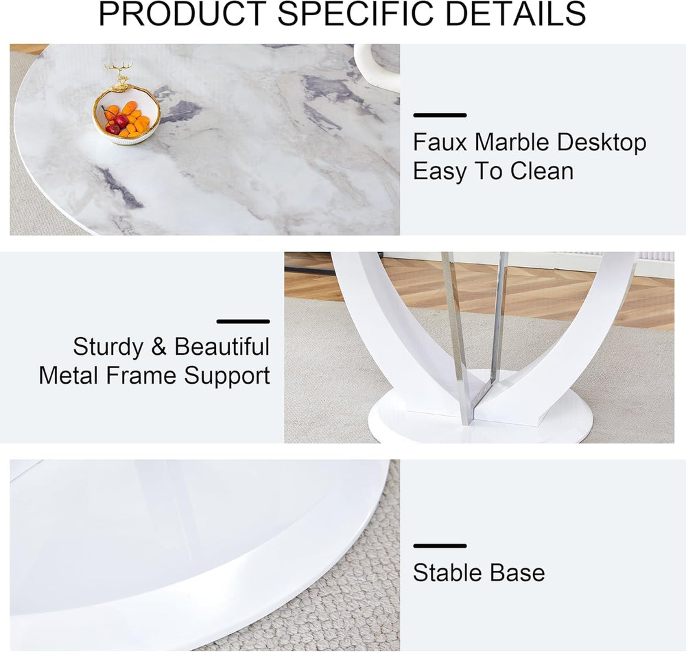 47" White Round Glass Dining Table Set 4 | Marble Pattern Kitchen Table ...