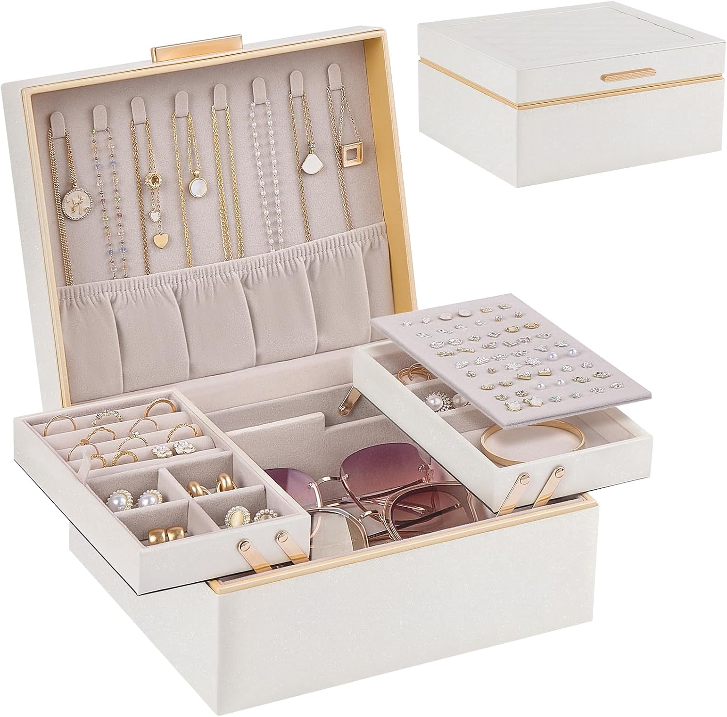 Lolalet Jewelry Box for Women Girls, 2 Layer Jewelry Organizer -Champagne | Jewellery Storage Case, Necklace Earrings Rings Bracelets Holder, Cnristmas Birthday Gifts for Mom Teen Girls Daughter