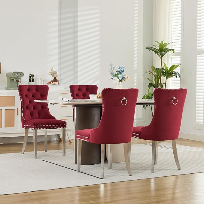Luxury Upholstered Dining Chairs Set of 6, Red Kitchen Chair with Silver Metal Legs, Velvet Tufted Back Dining Chair, Sillas de Comedor, Modern Kitchen & Dining Room Chairs (Burgundy, 6 Pcs)