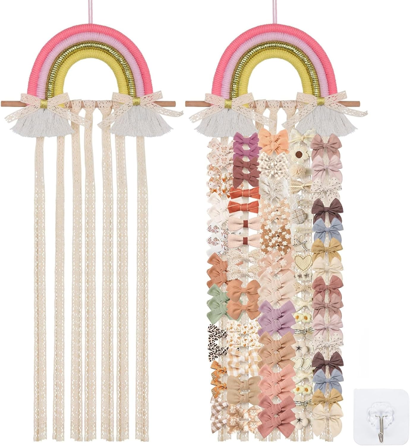 Rainbow Hair Bow Organizer for Girls Baby Hair Clips Holder Ribbons | Tassels Baby Bow Holder Hairpin Display Storage, Hanging Hair Accessories Storage,Nursery Girls Room Decor(26x11 Inch)