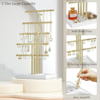 Love-KANKEI Jewelry Organizer Stand,5 Tier Large Necklace Holder with Wood Base,Jewelry holder stand Tree for Display,Bracelets Earrings Rings,Height Adjustable Gift White and Gold