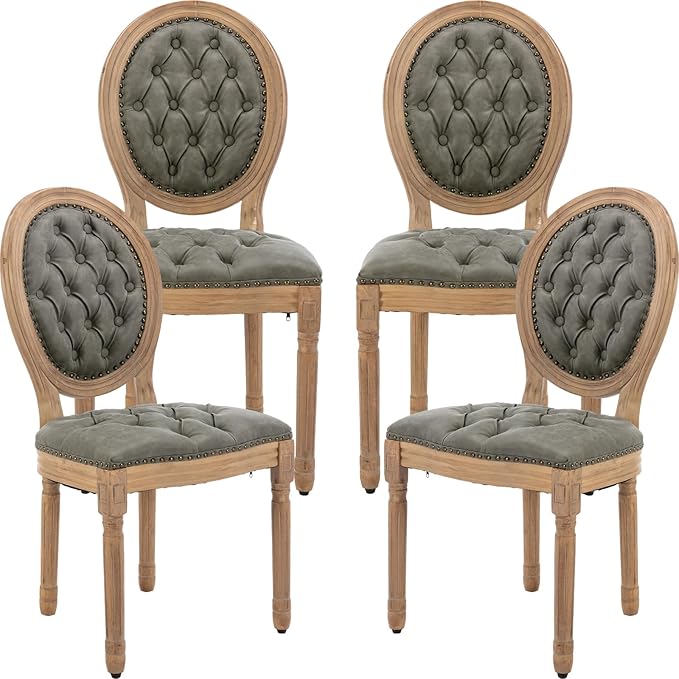 French Country Dining Chairs Set of 4, Olive Kitchen & Dining Room Chairs, Faux Leather Kitchen Chairs, Tufted Upholstered, Wood Legs, Sillas De Comedor (PU,Pine Green, 4Pcs)