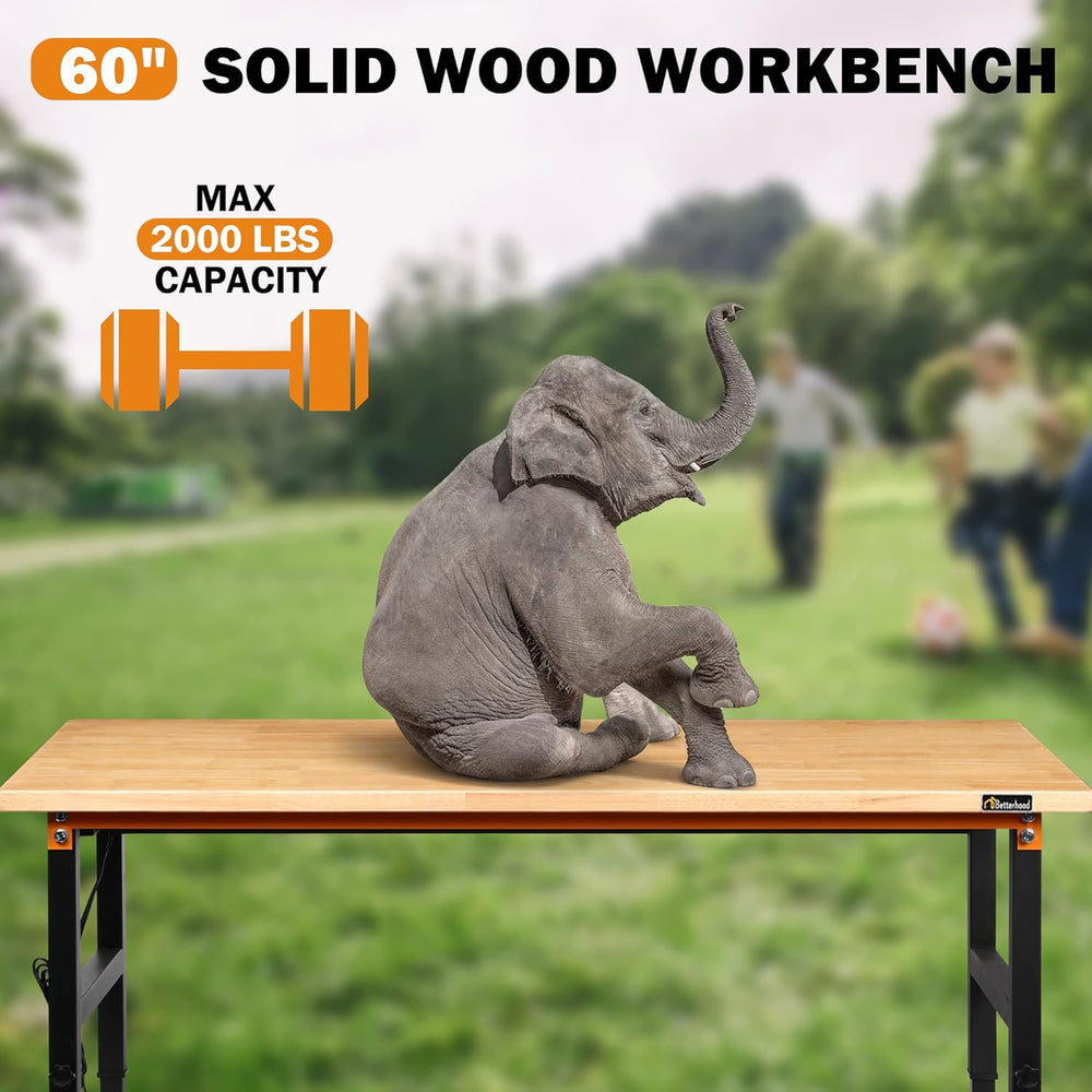 Betterhood Adjustable Height Workbench, 60" Rubber Wood Top Heavy Duty W...