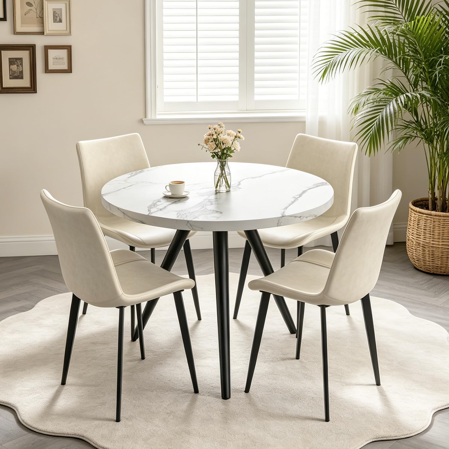 34.6" Round Dining Table Set for 4, Modern Kitchen Coffee Table Set, White | Space-saving MDF Top, 4 Beige Sleek PU Leather Chairs Set, Small Dining Set, Great for Dining Room, Office, Sturdy & Seamless
