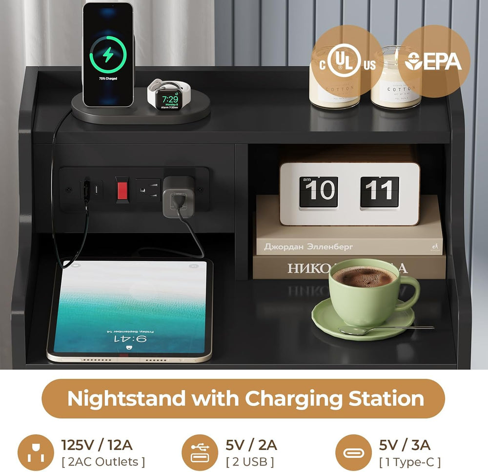 ADORNEVE Nightstand with Charging Station & Hutch,Black | Tall Bedside Ta...