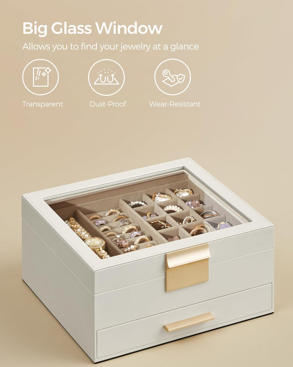 SONGMICS Jewelry Box Organizer with Glass Lid, 2-Layer Jewelry Storage, with 1 Drawer, Modern Style,Christmas Gift, 8 x 9.1 x 4.1 Inches, Cloud White and Gold Color UJBC174W01