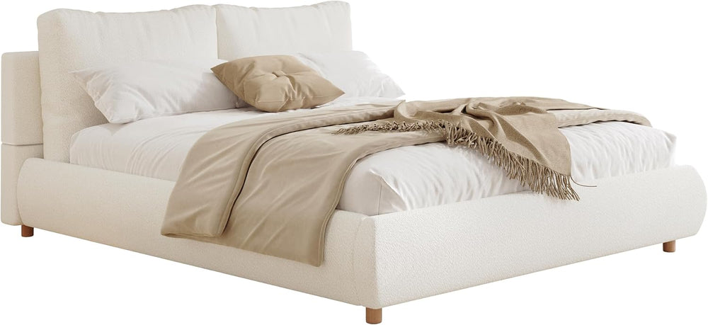 DNYN California King Size Boucle Platform Bed with 2 Removable Pillows for Be...