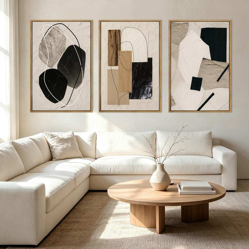 Large Abstract Paintings Framed Neutral Canvas Prints Mid Century Modern Wall...