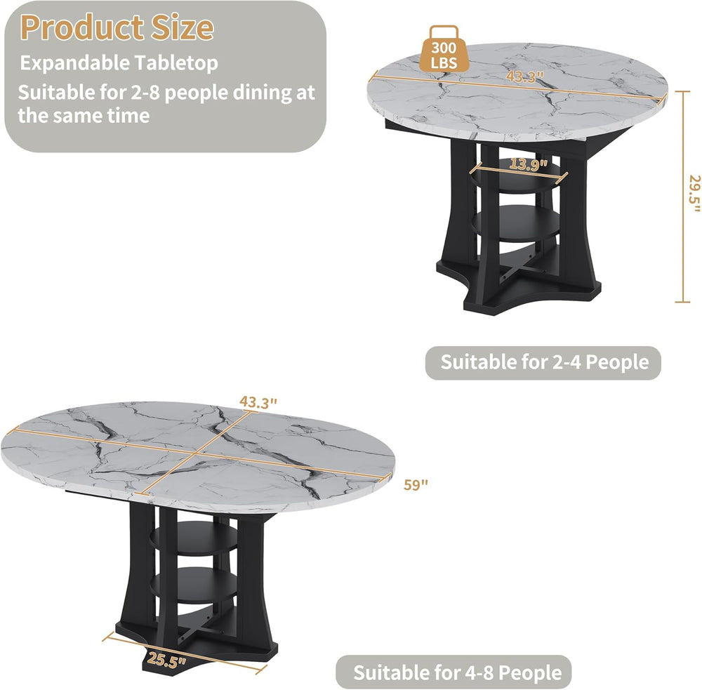 Extendable Dining Table 43"-59" for 4-6, White Faux Marble Round Ki...