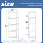 HITNET 5 Tier Bamboo Shelf, Tall Narrow Bookcase, Freestanding Bathroom Storage Unit with Adjustable Shelves, Modern Display Standing Bookshelf for Living Room, Bedroom, Home Office, White