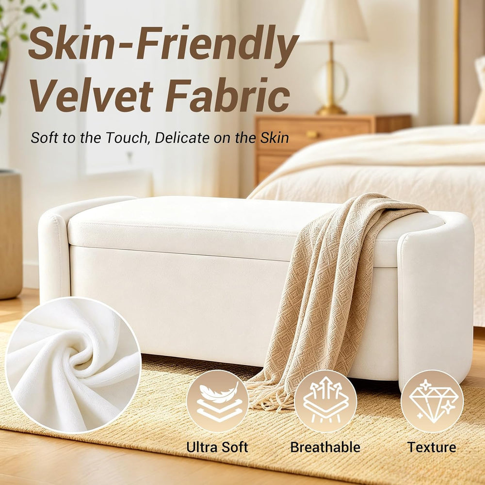 Oval White Velvet Storage Ottoman Bench, 48.8" | Velvet Upholstered Otto...