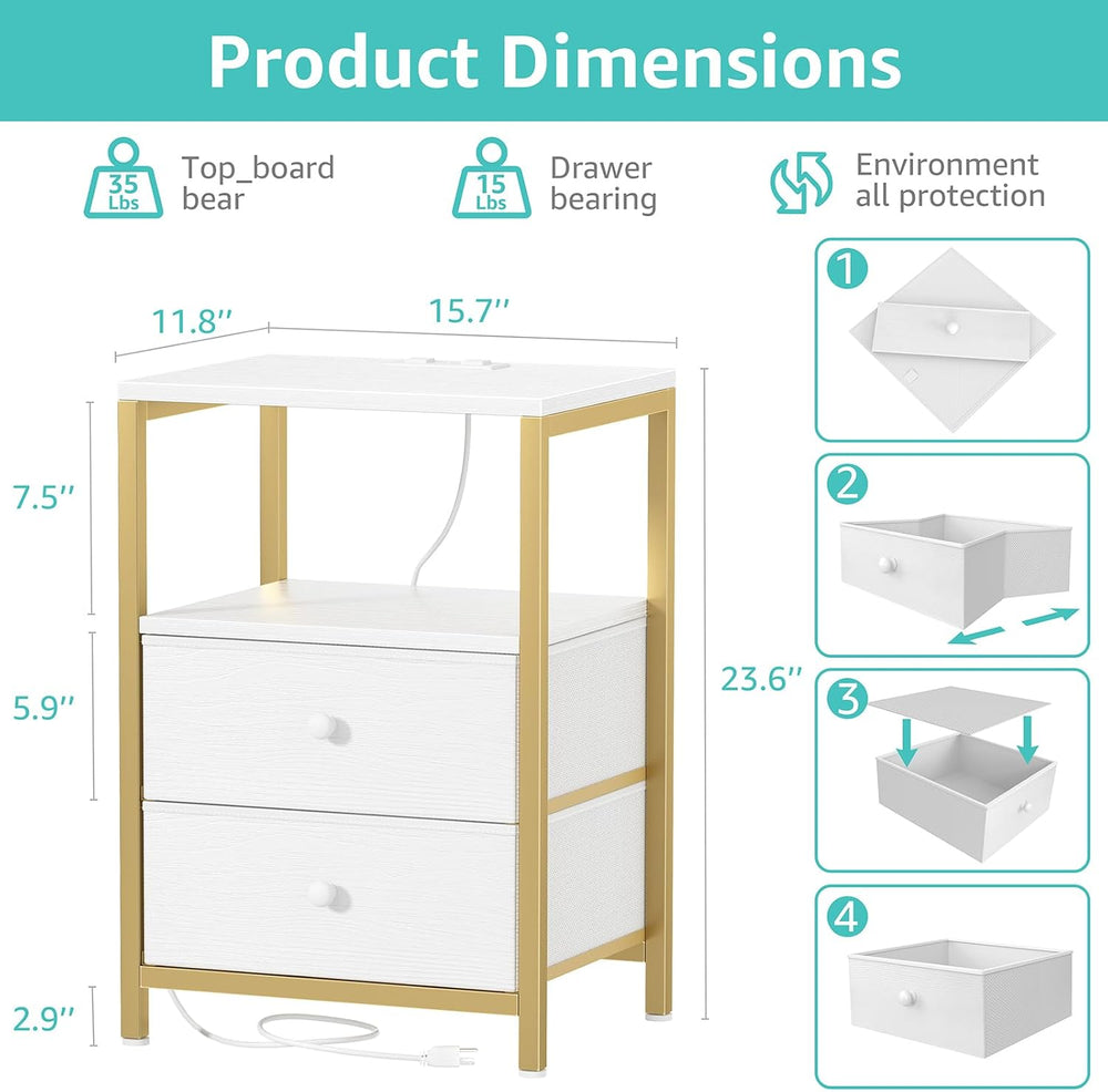 BOLUO Gold Nightstand with Charging Station, LED Night Stand with 2 Fabric Dr...